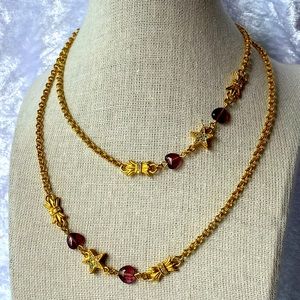 Vintage Kirk’s Folly AB Crystal Star Bow & Heart Gold Tone Chain Necklace